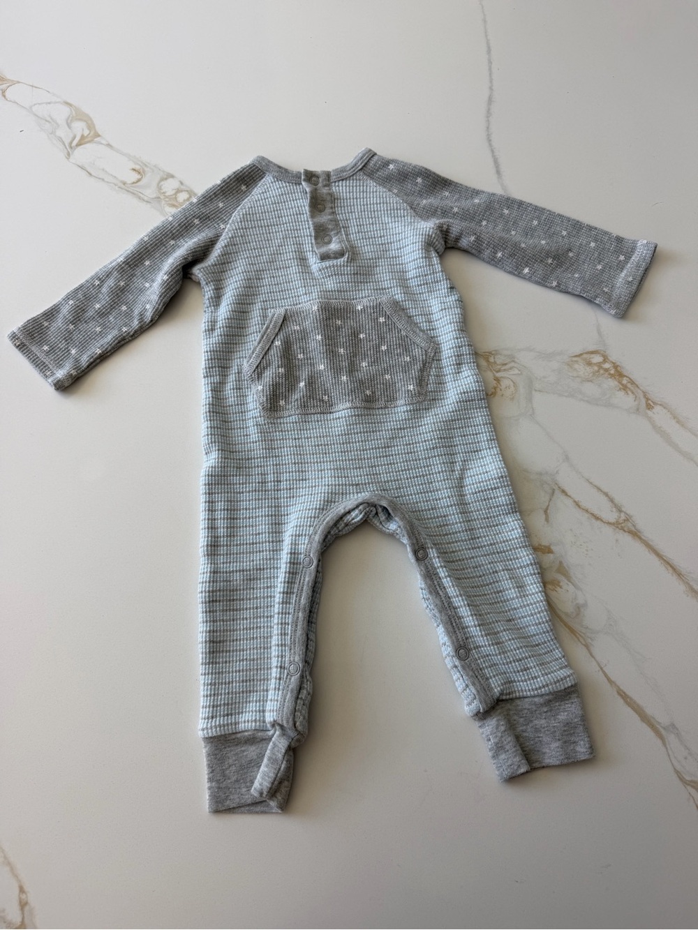 Mud Pie Blue Gray Star Henley Knit Long Sleeve Button Pocket Coverall 6-9 Months